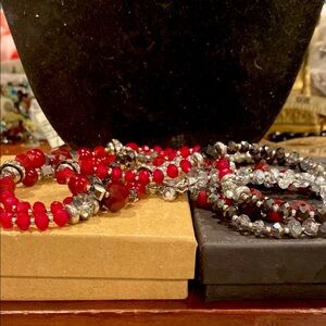 Long Aurora Borealis One Strand Necklace in Red Black and Silver. SilverTone